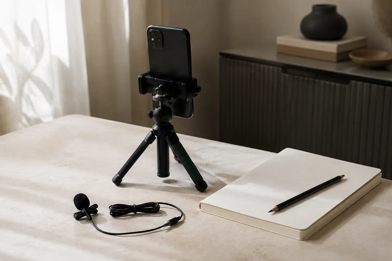 Celular, tripé e materiais de planejamento para produção de conteúdo