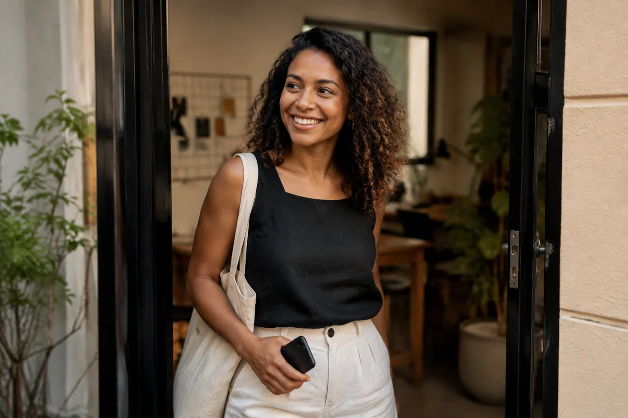 Criadora chegando a um espaço de trabalho com celular e bolsa